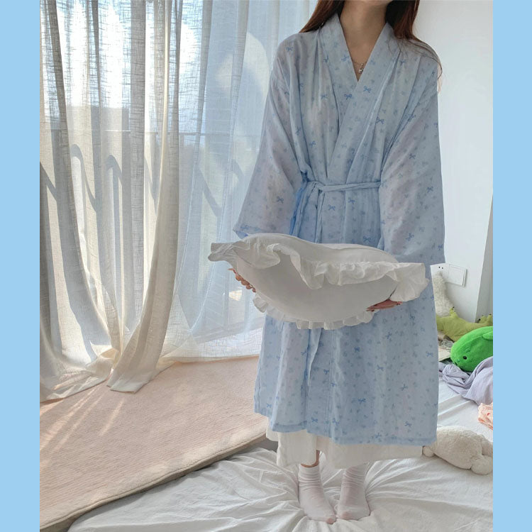 ID565 リボン柄 ブルー ロング ドレッシングガウン バスローブ マタニティ レディース 軽い やわらかい 部屋着 出産祝い 結婚祝い 母の日 プレゼント