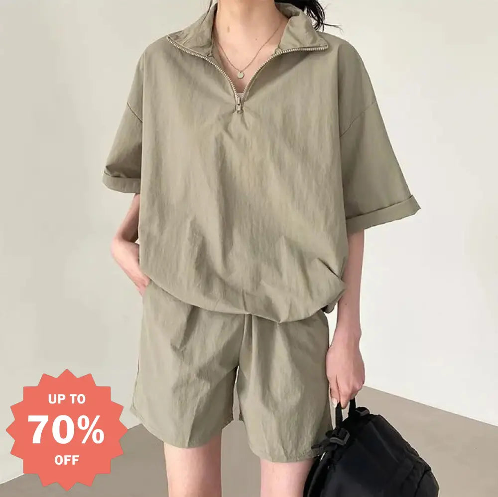 2点セット レディース 夏用 韓国風 ジップアップ アウトドア