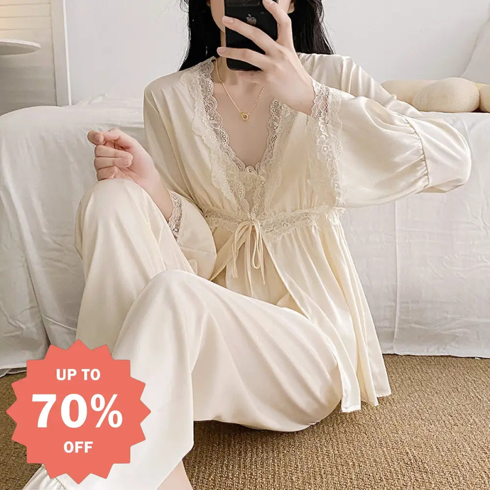 3点セット 春夏用 シルクライク Vネック 3色展開 パジャマ レディース