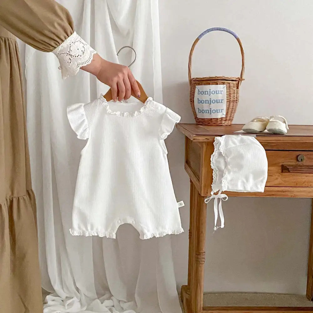 ID1748 ベビー服 ロンパース カバーオール ボンネット ノースリーブ 女の子 ベビー 夏 夏服 ボンネット付き 子ども 子供 新生児 赤ちゃん 無地 シンプル おしゃれ かわいい ワッフル 出産祝い 韓国 韓国ベビー服 綿 コットン
