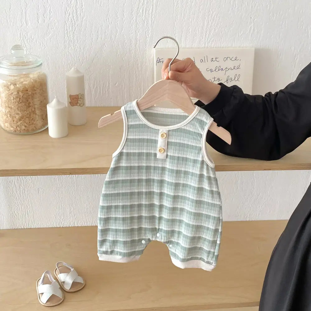 ID1749 ベビー服 ロンパース カバーオール ノースリーブ 男の子 女の子 ベビー 夏 夏服 子ども 子供 新生児 赤ちゃん ボーダー シンプル おしゃれ かわいい 出産祝い 韓国 韓国ベビー服 綿 コットン グリーン / 66cm