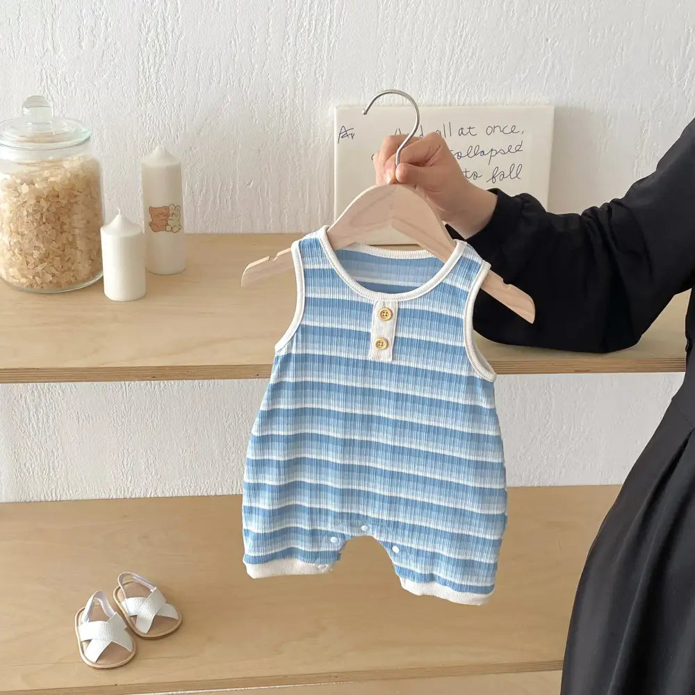 ID1749 ベビー服 ロンパース カバーオール ノースリーブ 男の子 女の子 ベビー 夏 夏服 子ども 子供 新生児 赤ちゃん ボーダー シンプル おしゃれ かわいい 出産祝い 韓国 韓国ベビー服 綿 コットン ブルー / 66cm