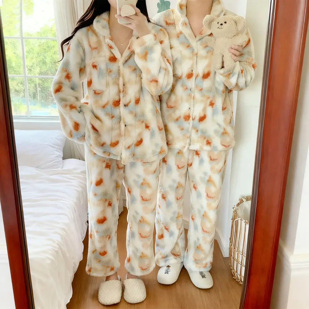 冬 プリント コーラルフリース カップル パジャマ セット 男女 長袖 加厚 加フリース ルームウェア ID2925