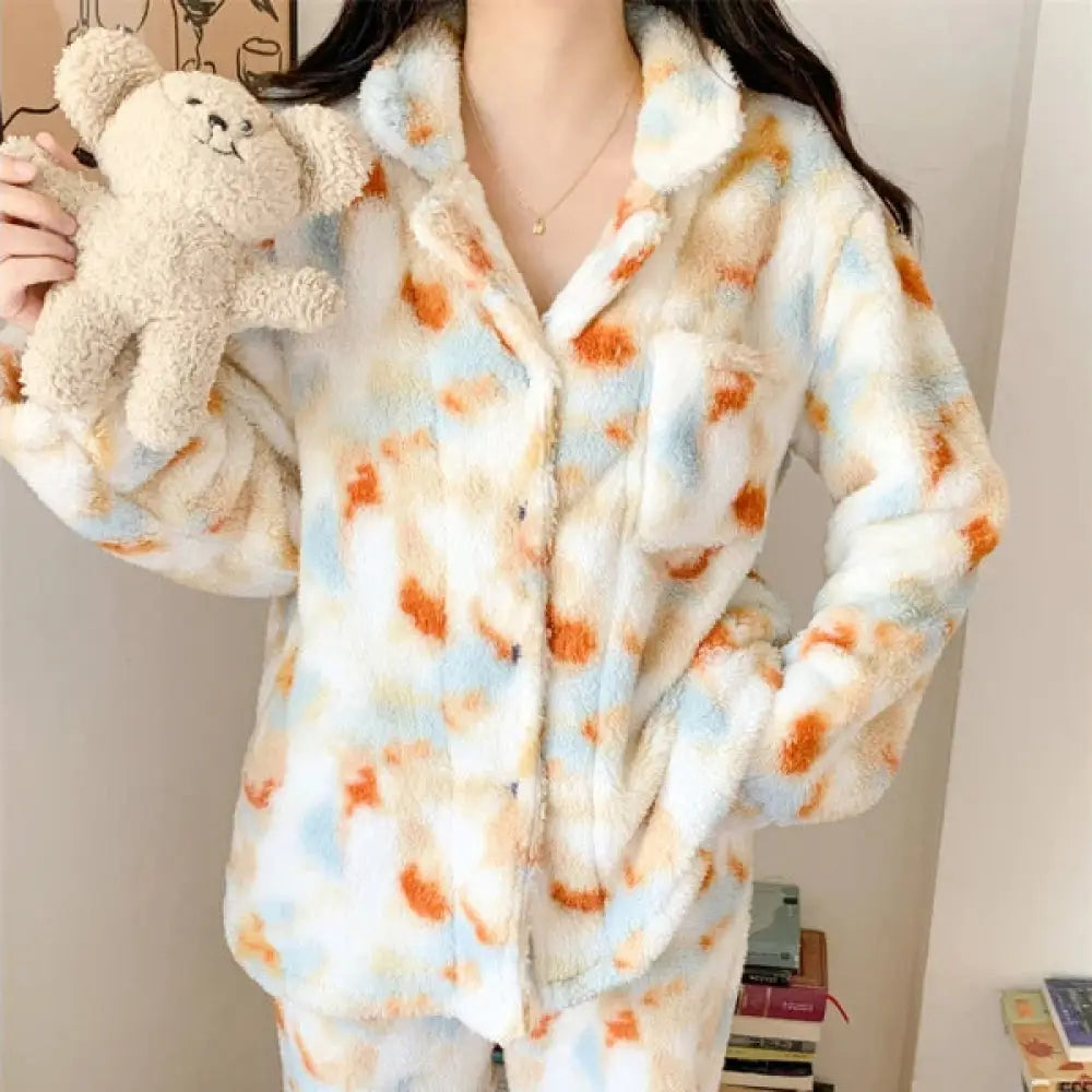 冬 プリント コーラルフリース カップル パジャマ セット 男女 長袖 加厚 加フリース ルームウェア ID2925 写真通り / 女性 フリー