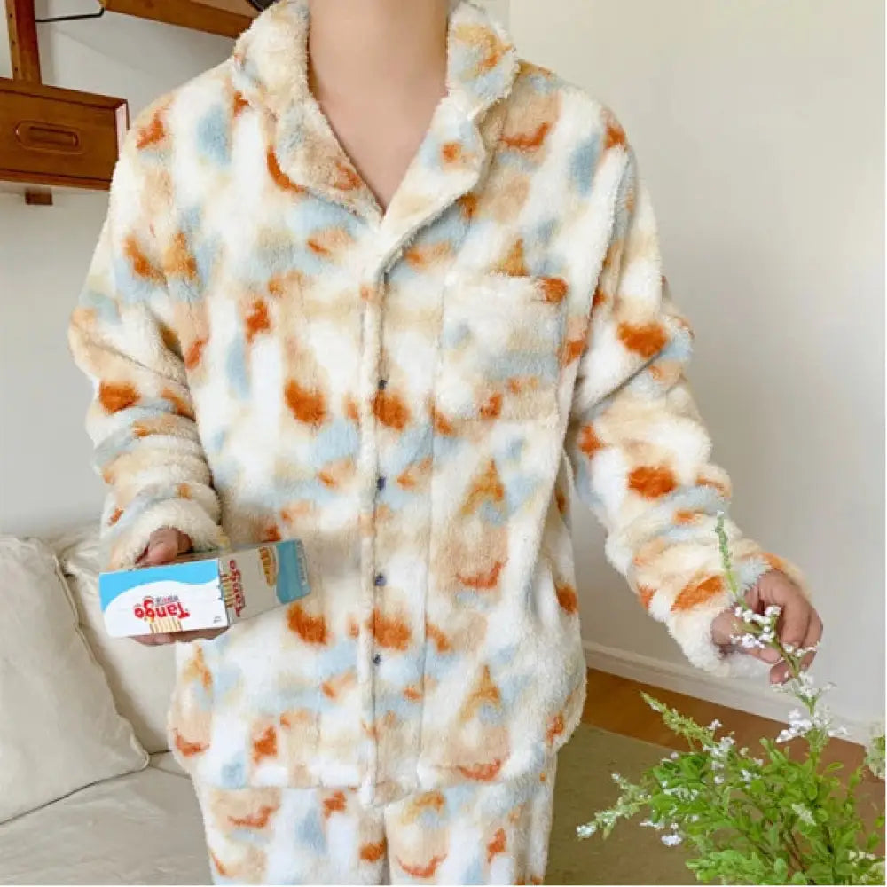 冬 プリント コーラルフリース カップル パジャマ セット 男女 長袖 加厚 加フリース ルームウェア ID2925 写真通り / 男性 フリー