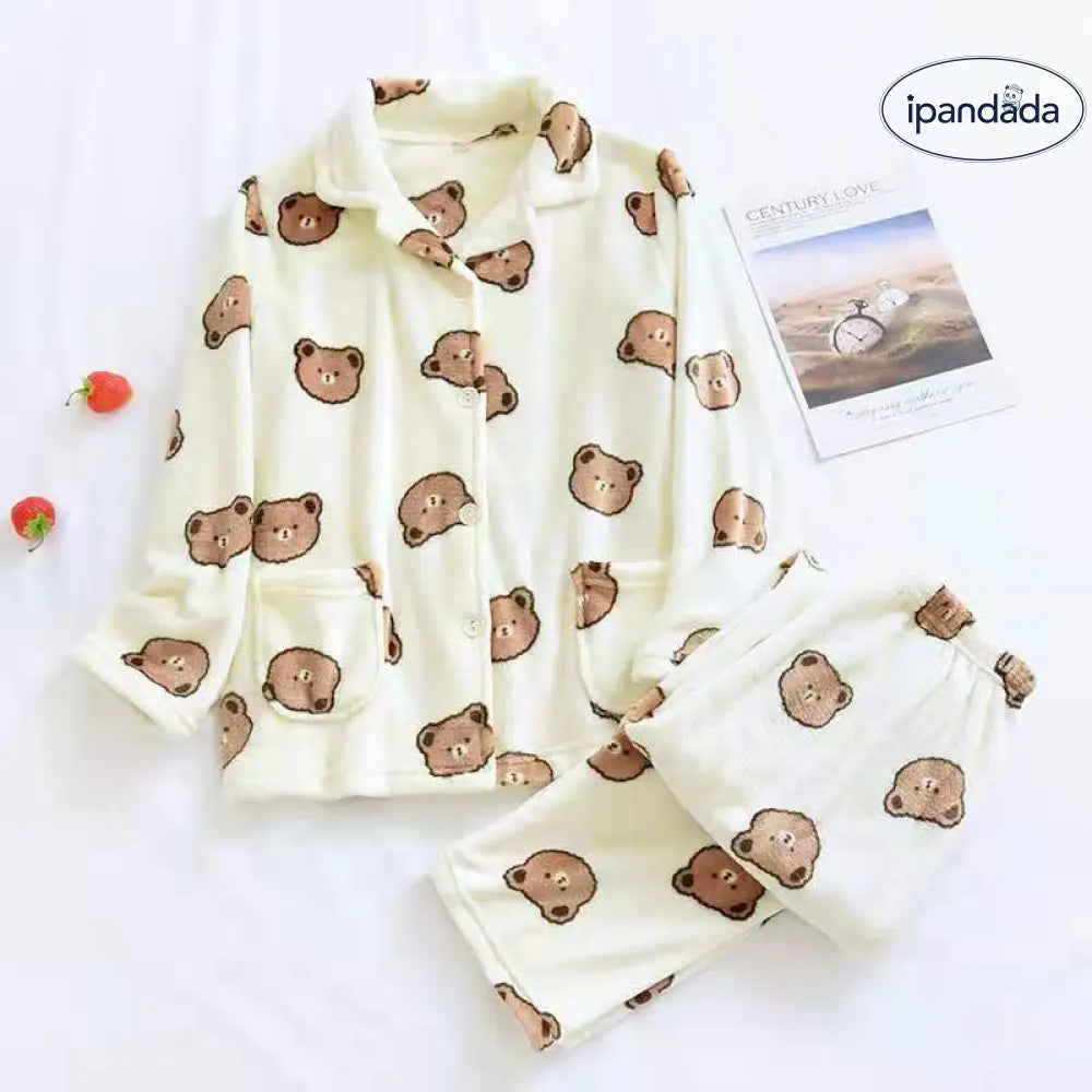 フリース パジャマ 男女 秋冬 韓国版 小熊 大きいサイズ カップル 加厚 コーラルフリース ルームウェア ID2939