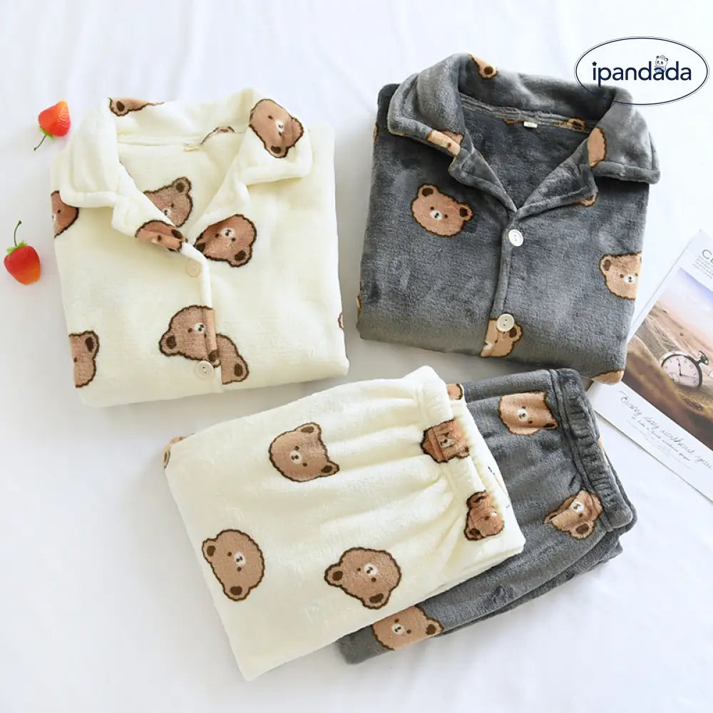 フリース パジャマ 男女 秋冬 韓国版 小熊 大きいサイズ カップル 加厚 コーラルフリース ルームウェア ID2939