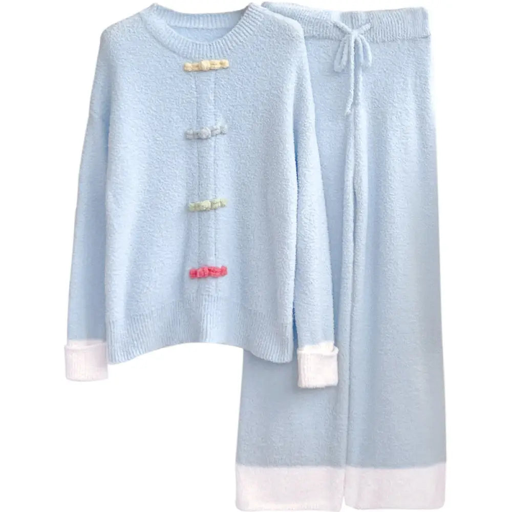 ふわふわ フリース パジャマ 女性用 秋冬 厚手 保温 ルームウェア セットアップ 外出可能 ID2808 ブルー / フリー