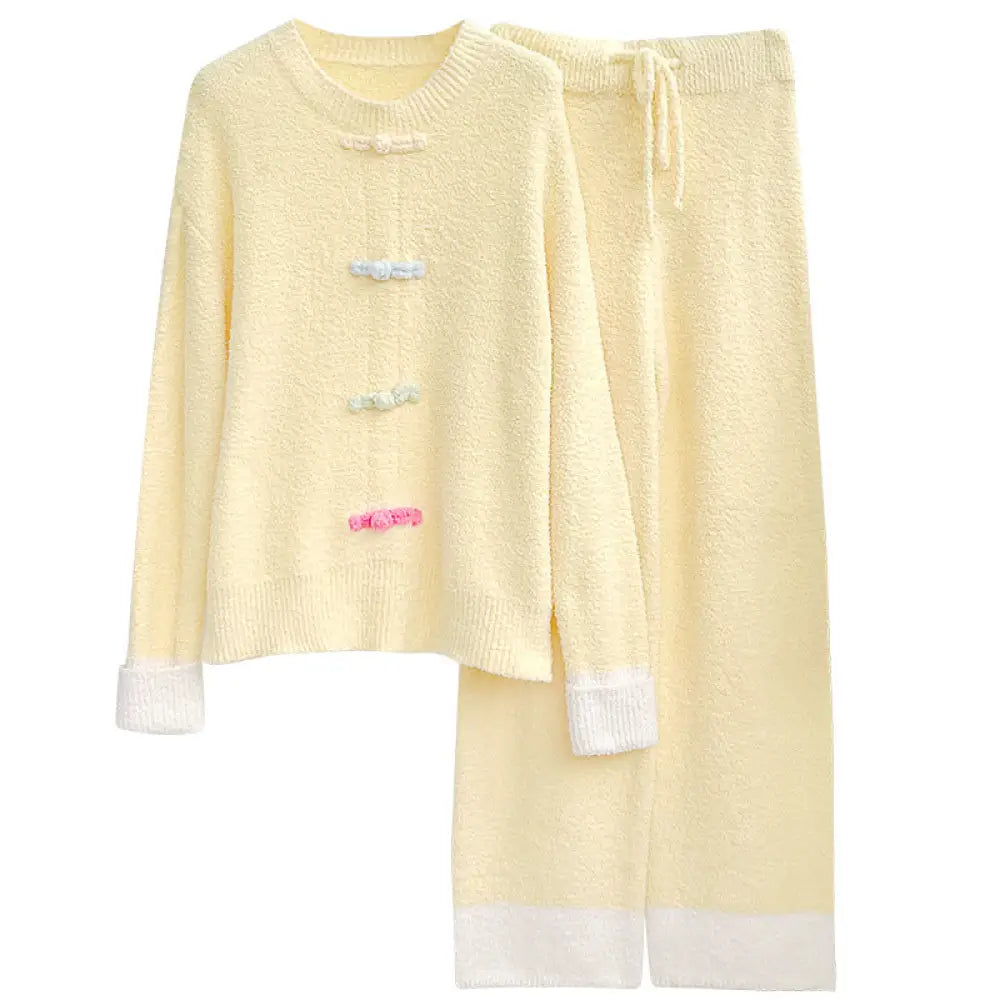 ふわふわ フリース パジャマ 女性用 秋冬 厚手 保温 ルームウェア セットアップ 外出可能 ID2808 イエロー / フリー