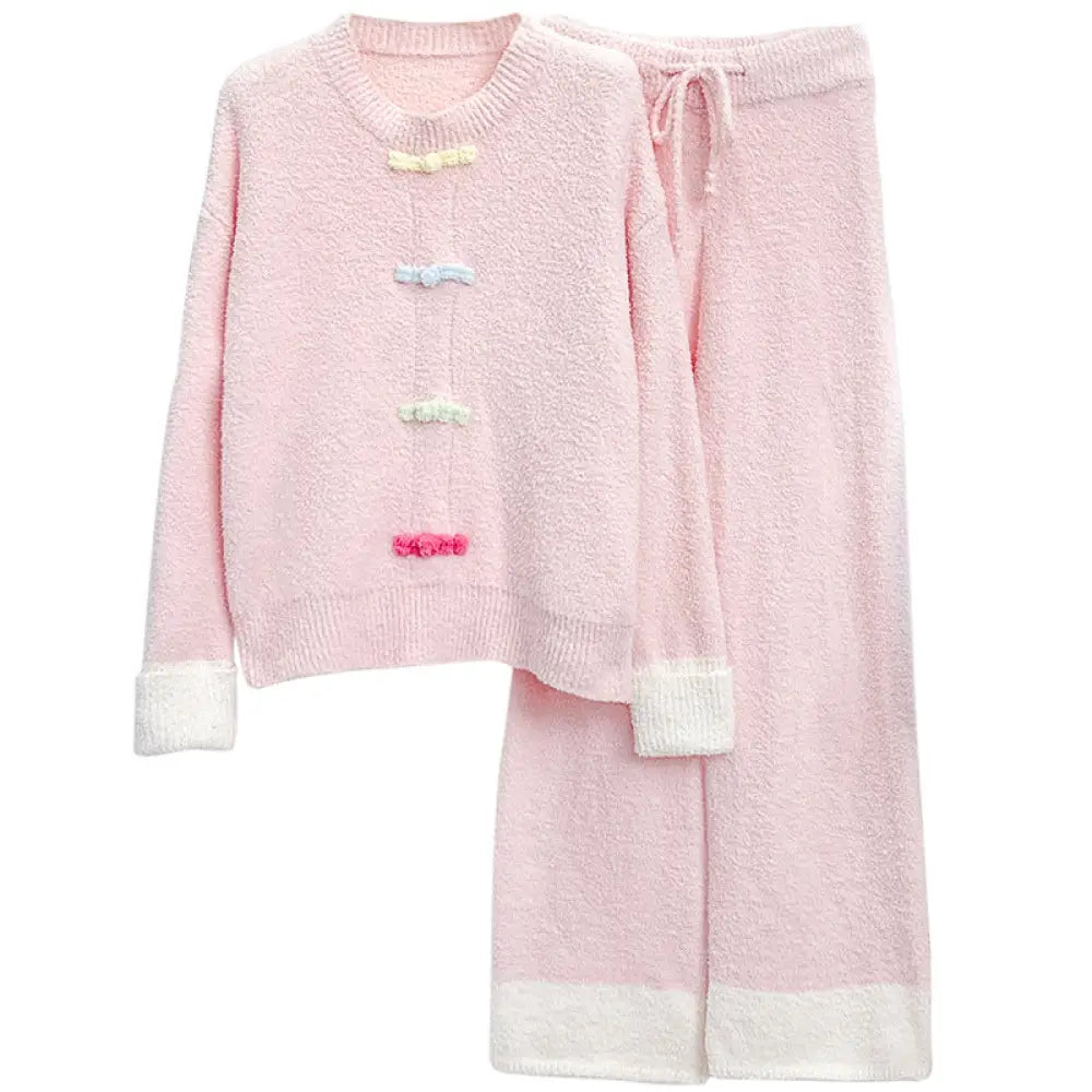ふわふわ フリース パジャマ 女性用 秋冬 厚手 保温 ルームウェア セットアップ 外出可能 ID2808 ピンク / フリー