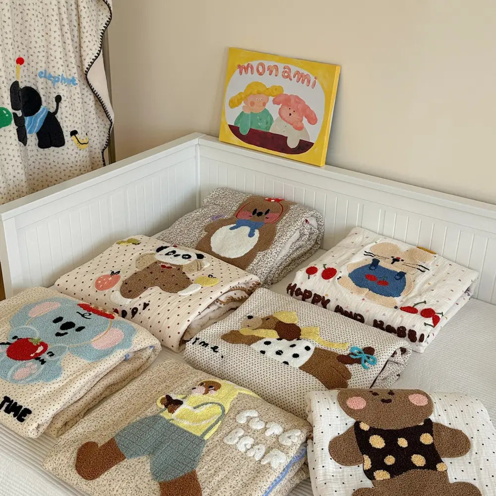 韓国風 ダブルガーゼ フリース カートゥーン 刺繍タオル 三角針工芸