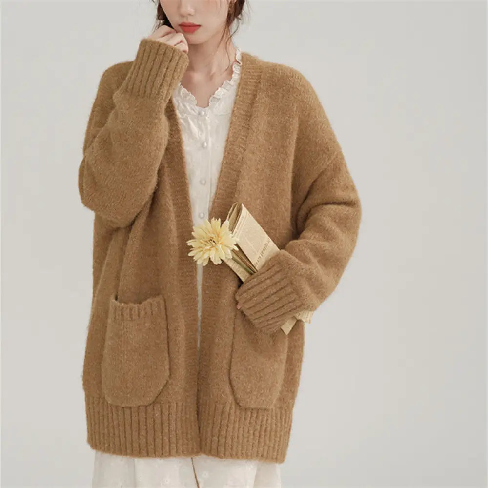 韓国風 オシャレ ヴィンテージ ゆったり ミディアムレングス レディース セーター アウター 春秋 秋冬 無地 厚手 長袖 ニット カーディガン ID2942 ブラウン / フリー