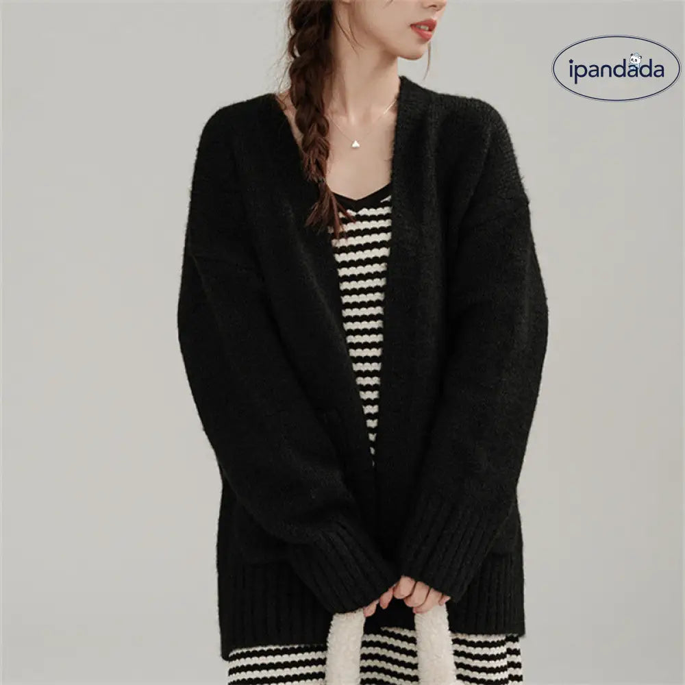 韓国風 オシャレ ヴィンテージ ゆったり ミディアムレングス レディース セーター アウター 春秋 秋冬 無地 厚手 長袖 ニット カーディガン ID2942
