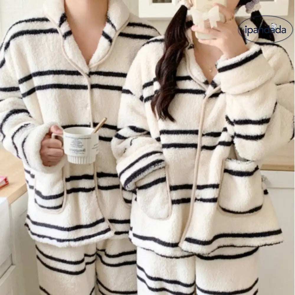 韓国風 レディース 保温 フリース パジャマ ストライプ カップル 散歩 ルームウェア 長袖 長ズボン セット ID2926