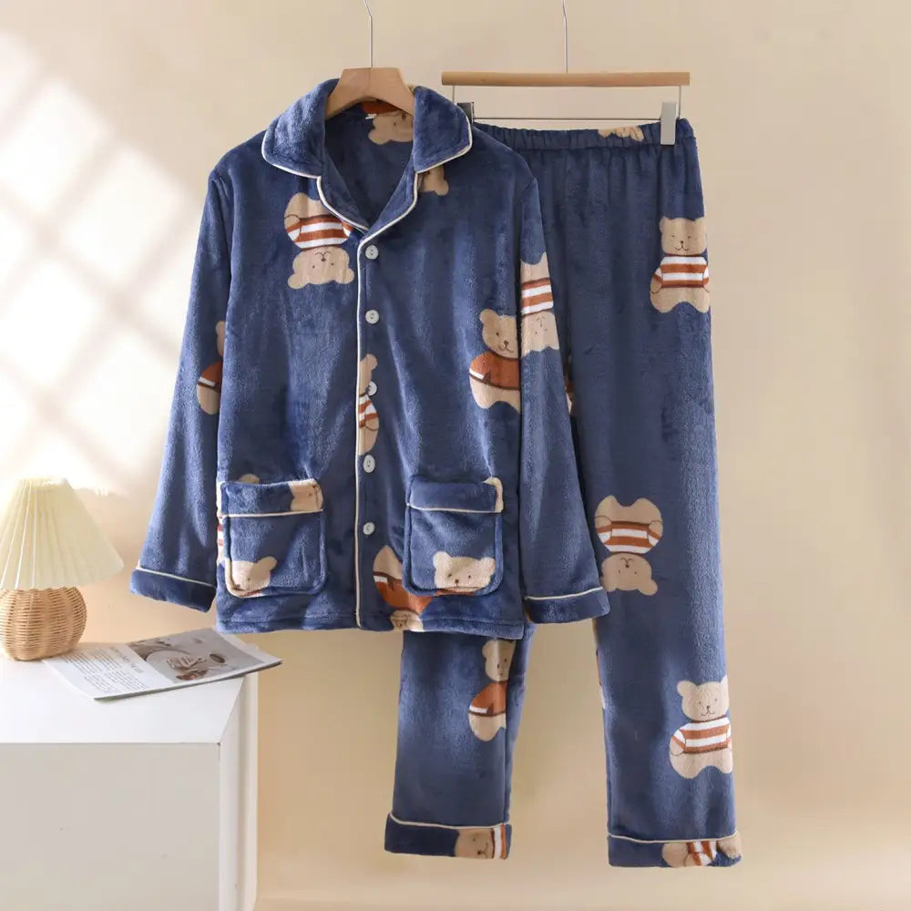 カップル パジャマ 秋冬 コーラルフリース 男女加厚 加フリース 長袖 長ズボン フランネル 保温 ルームウェア セット ID2934 男性 ネイビー / M