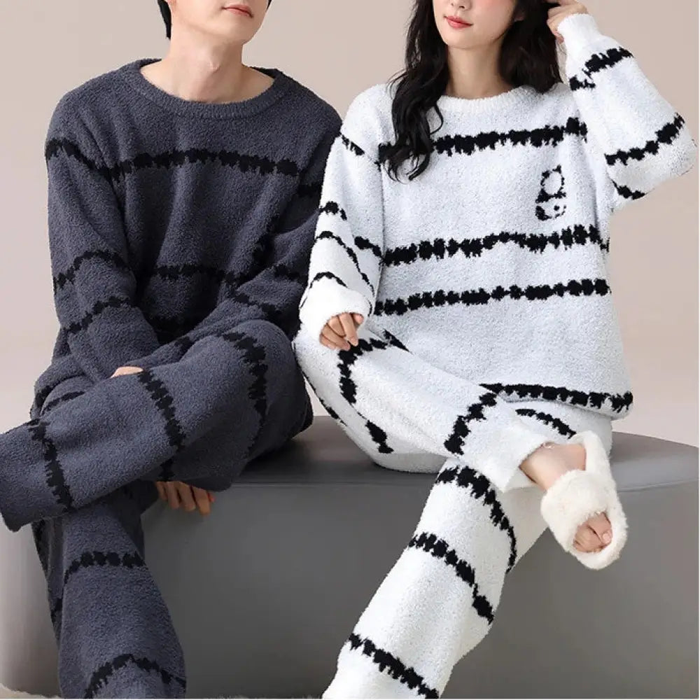 カップル パジャマ 秋冬 男性 シンプル ストライプ セット 冬 韓国版 コーラルフリース 女性用 ルームウェア ハーフフリース ID2940
