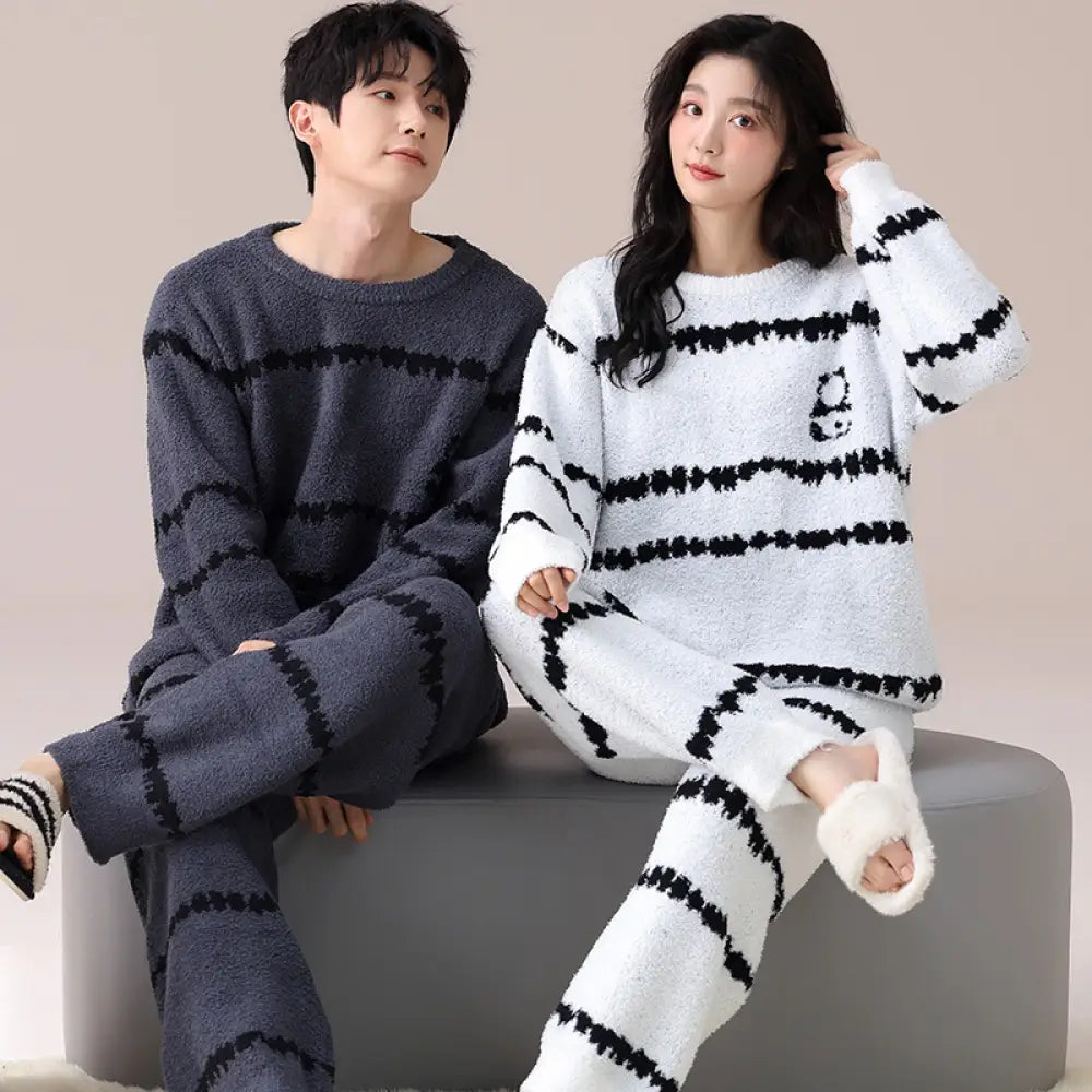 カップル パジャマ 秋冬 男性 シンプル ストライプ セット 冬 韓国版 コーラルフリース 女性用 ルームウェア ハーフフリース ID2940 タイプ② / レディースM