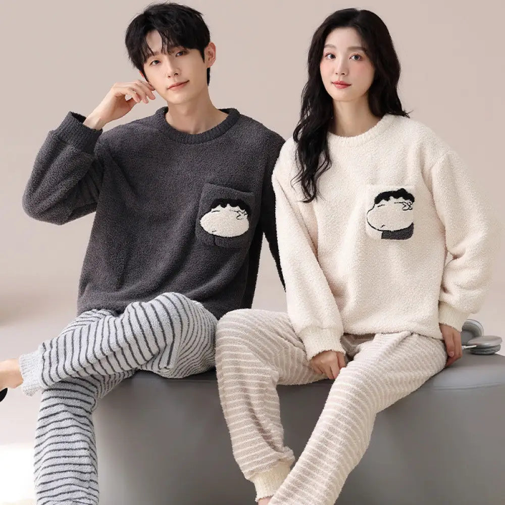 カップル パジャマ 秋冬 男性 シンプル ストライプ セット 冬 韓国版 コーラルフリース 女性用 ルームウェア ハーフフリース ID2940 タイプ③ / レディースM