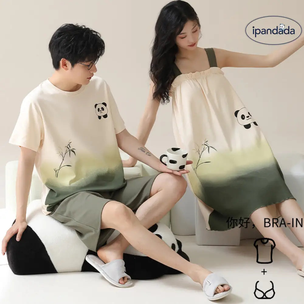 ID1035 カップル パンダ柄 パジャマセット 夏用 胸当て付き 半袖&ワンピース ゆったり おうちデートコーデ カップル>セットアップ