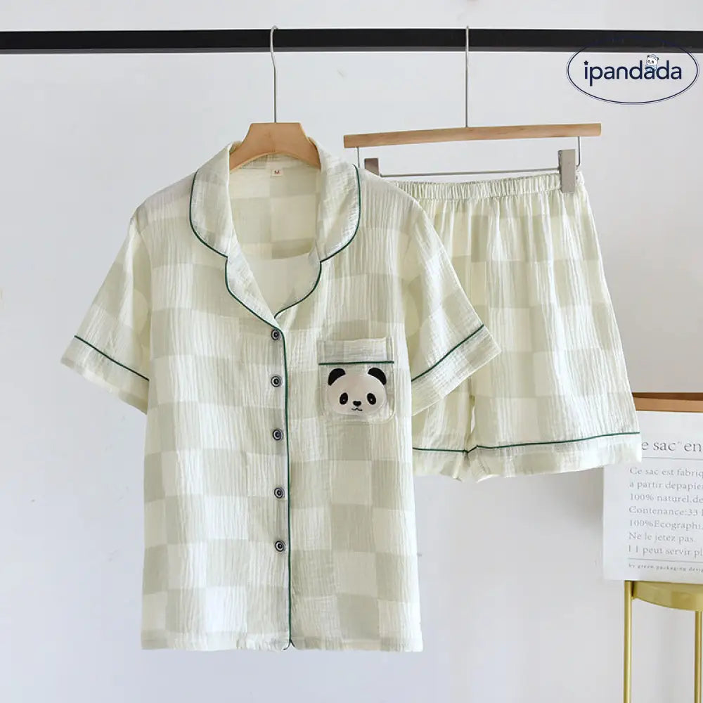 ID1034 【カップル用】綿100% チェック柄 パジャマセット 夏用 半袖&ショーツ 男女兼用 ゆったり おうちコーデ レディース / M カップル>セットアップ