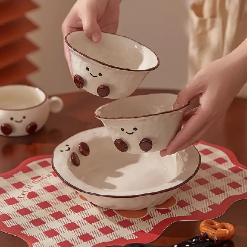 かわいいココアビーンズ浮き彫り 陶器食器セット ご飯茶碗・マグカップ