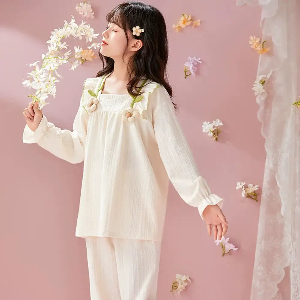女の子用パジャマ 春秋用 長袖 綿100% 薄手 親子ペア マザー・ドーター スイートプリンセススタイル 中大童用 部屋着 セットアップ ID2140 ベージュ① / 3XS ベビー&キッズ