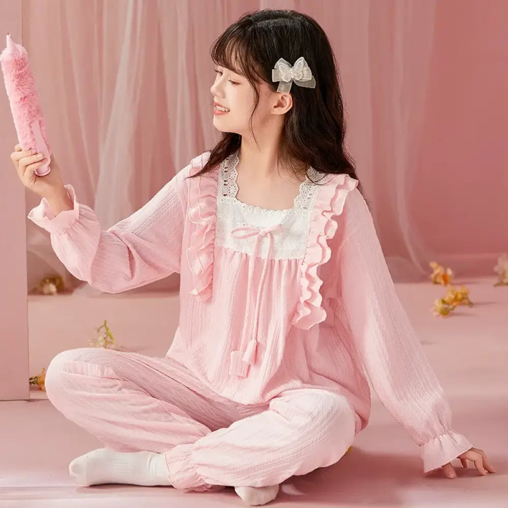 女の子用パジャマ 春秋用 長袖 綿100% 薄手 親子ペア マザー・ドーター スイートプリンセススタイル 中大童用 部屋着 セットアップ ID2140 ピンク / 3XS ベビー&キッズ