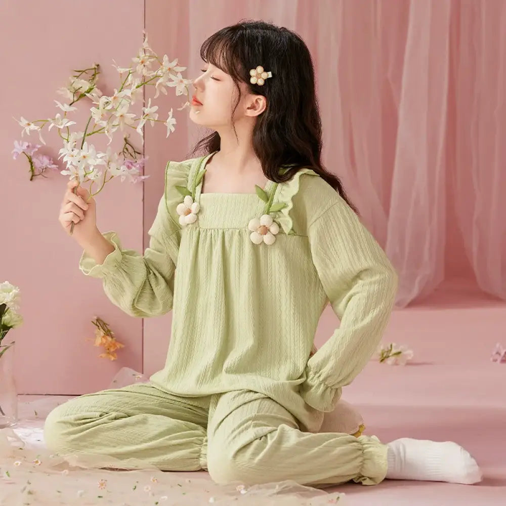 女の子用パジャマ 春秋用 長袖 綿100% 薄手 親子ペア マザー・ドーター スイートプリンセススタイル 中大童用 部屋着 セットアップ ID2140 グリーン / 3XS ベビー&キッズ