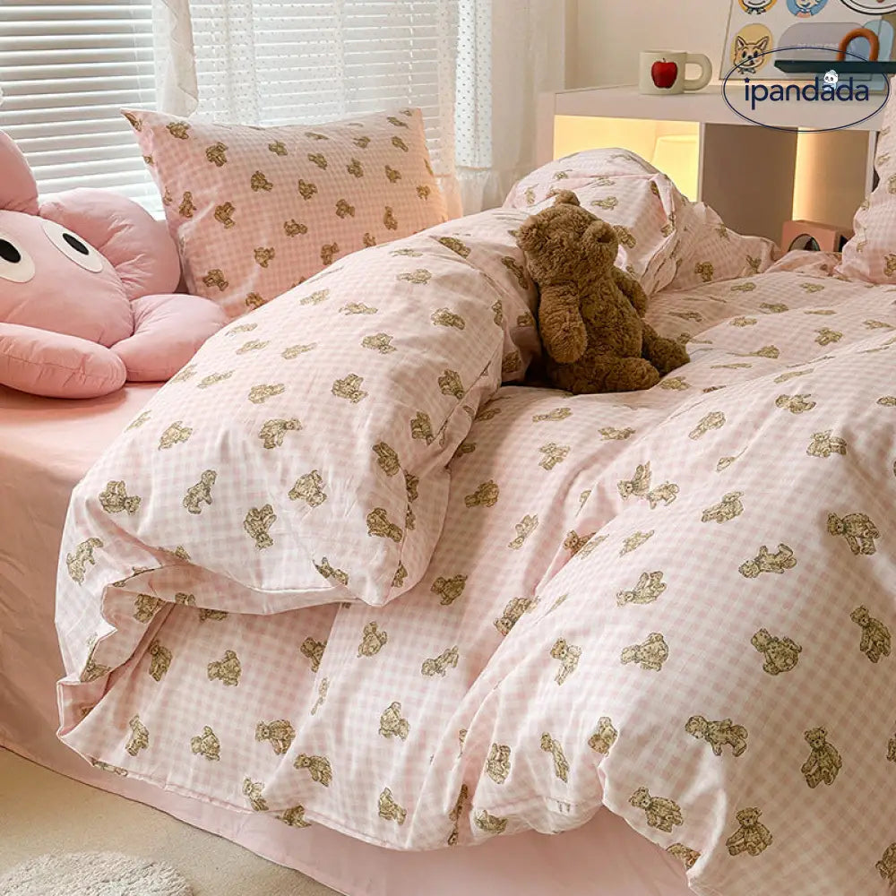 クリーム カラー チェック 柄 クマ イラスト インスタ映え 綿100% 寝具