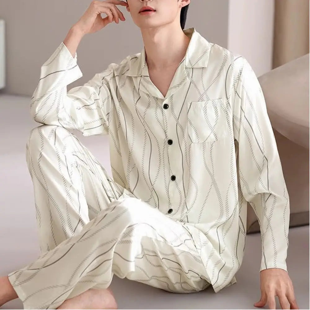 メンズ クールシルク パジャマセット 長袖 襟付き 夏 秋 部屋着