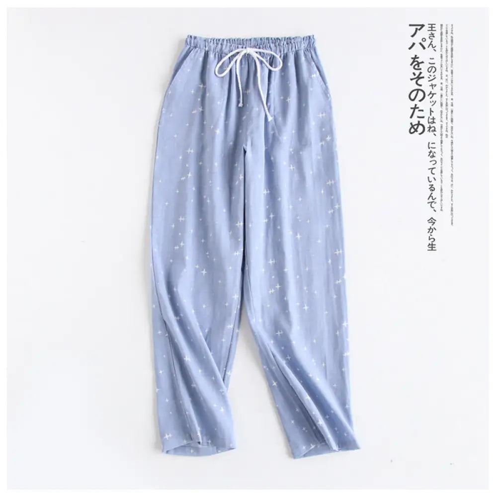 ID1473 メンズ パジャマパンツ 三シーズン オーガニックコットン ガーゼ 薄手 ルームウェア 冷房対策 ゆったり ストレッチ ペア 肌ざわり良い 3カラー ブルー② / M メンズ>ボトムス