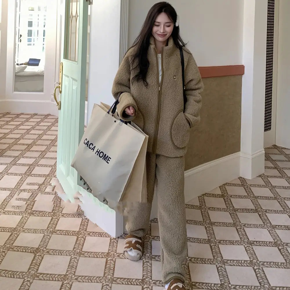 男女兼用 厚手 カップル パジャマ シアリング フリース ルームウェア 女性 冬用 保温 ハイカラー ジップ アウターセット ID2867 女性 グリーン / フリー