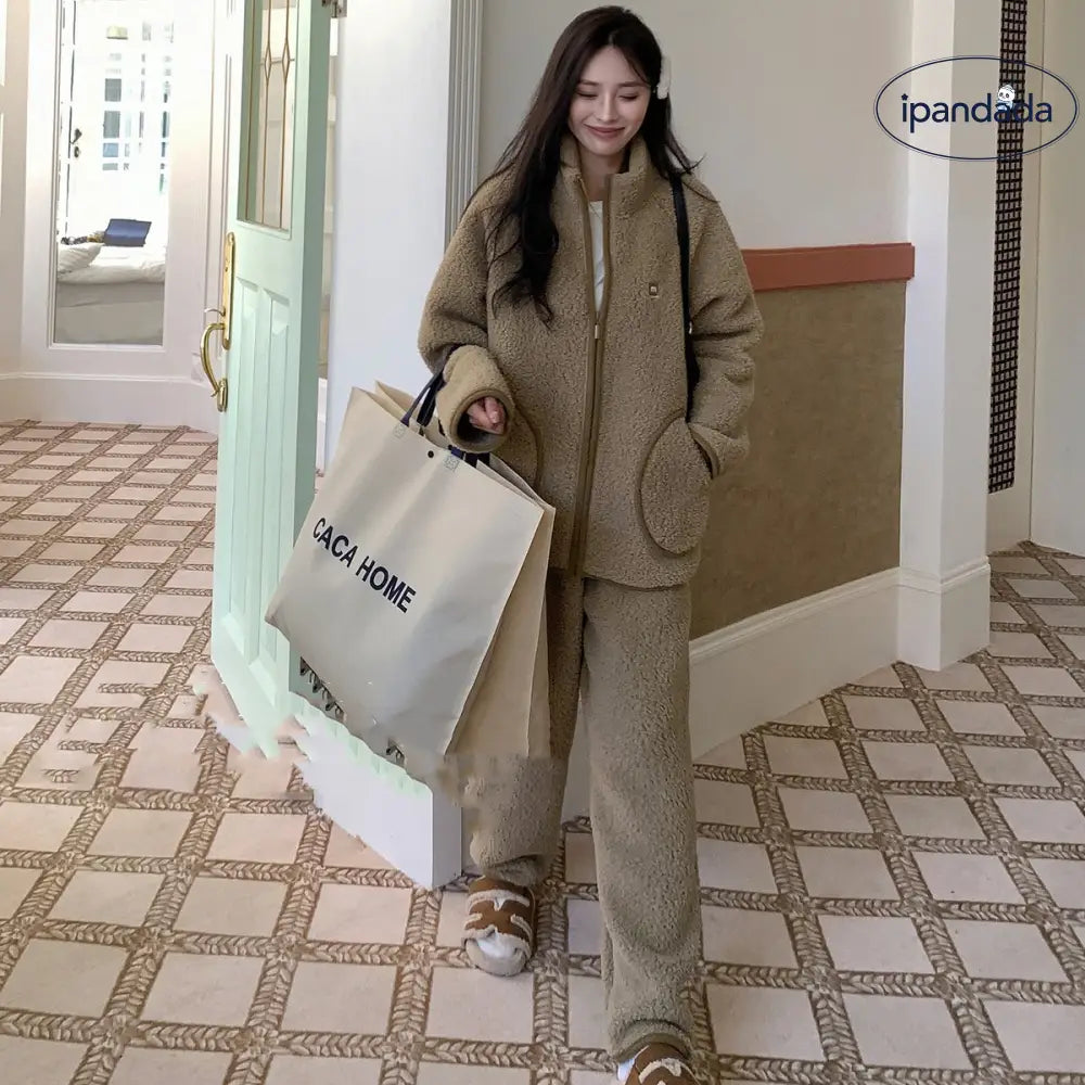 男女兼用 厚手 カップル パジャマ シアリング フリース ルームウェア 女性 冬用 保温 ハイカラー ジップ アウターセット ID2867