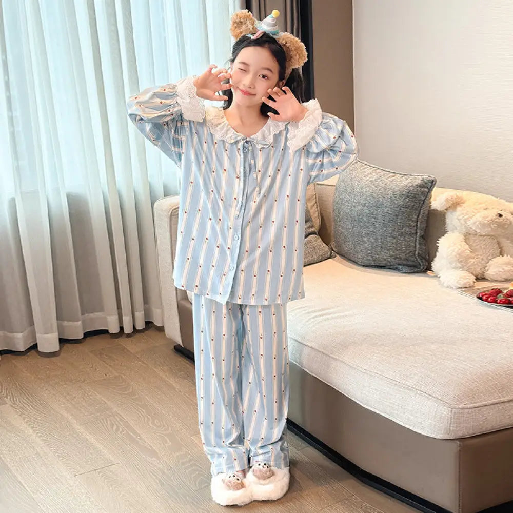 女児 秋用 ルームウェア セット 新作 大きな子供用 甘くて可愛い おしゃれ 肌触り良好 通気性のある 長袖 パジャマ ID2248 ブルー / 120cm