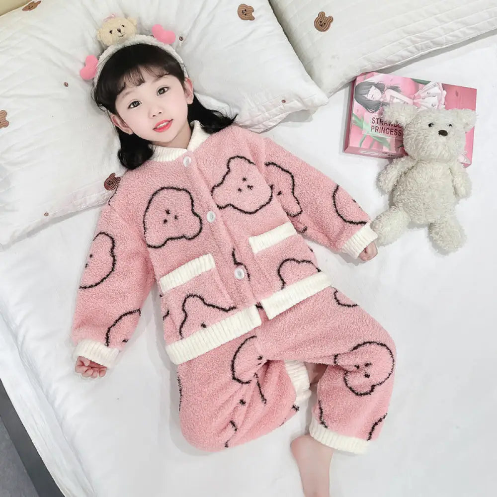 女の子 パジャマ 秋冬用 コーラルフリース 女の子用 厚手 フランネル 冬季 子供 ルームウェア セット ID2944 ピンク / 90cm