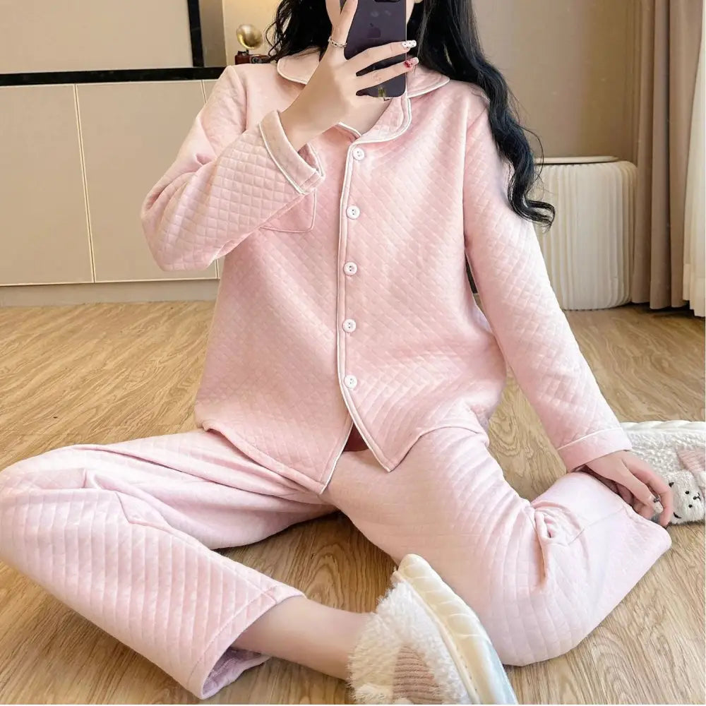 パジャマ 女性用 秋冬 厚手 コットン エアコットン インサート 保温 カップル シンプル カラー ルームウェア セットアップ 長袖 ID2814