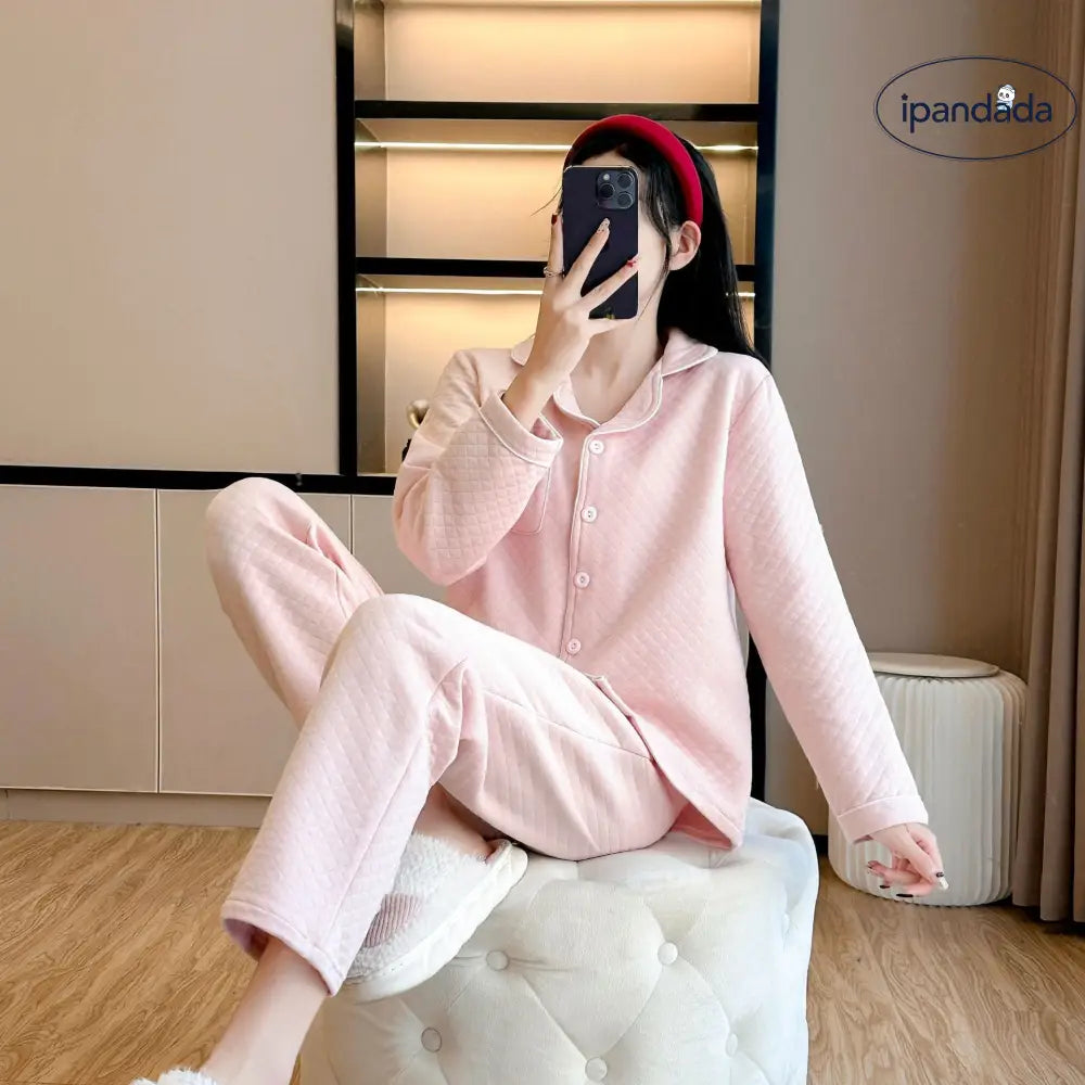パジャマ 女性用 秋冬 厚手 コットン エアコットン インサート 保温 カップル シンプル カラー ルームウェア セットアップ 長袖 ID2814