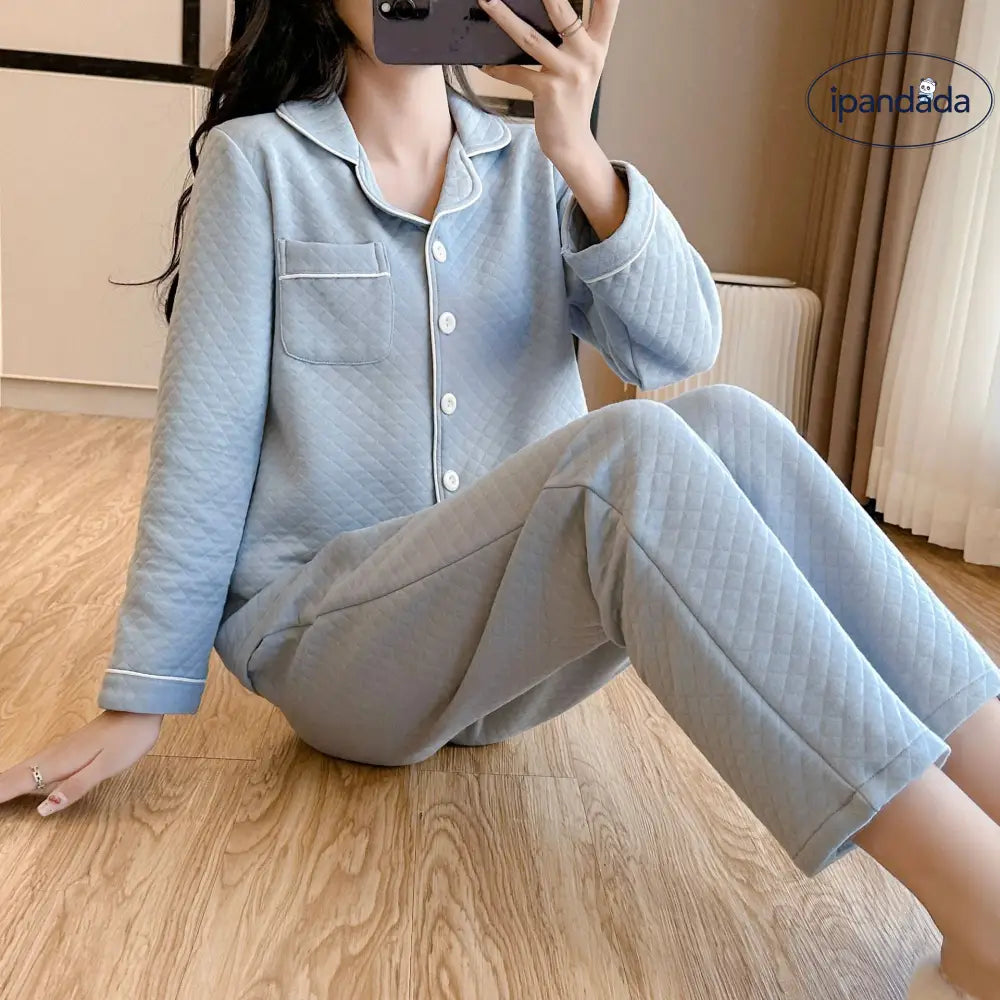 パジャマ 女性用 秋冬 厚手 コットン エアコットン インサート 保温 カップル シンプル カラー ルームウェア セットアップ 長袖 ID2814