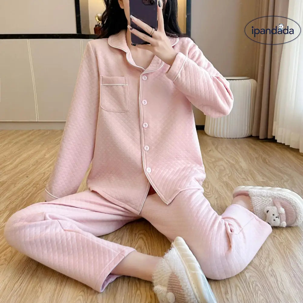 パジャマ 女性用 秋冬 厚手 コットン エアコットン インサート 保温 カップル シンプル カラー ルームウェア セットアップ 長袖 ID2814