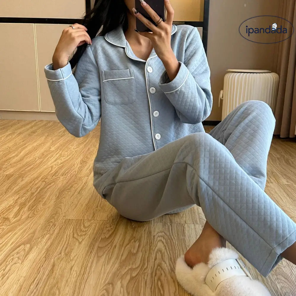 パジャマ 女性用 秋冬 厚手 コットン エアコットン インサート 保温 カップル シンプル カラー ルームウェア セットアップ 長袖 ID2814