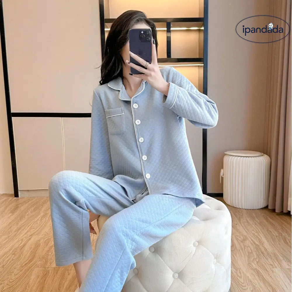 パジャマ 女性用 秋冬 厚手 コットン エアコットン インサート 保温 カップル シンプル カラー ルームウェア セットアップ 長袖 ID2814