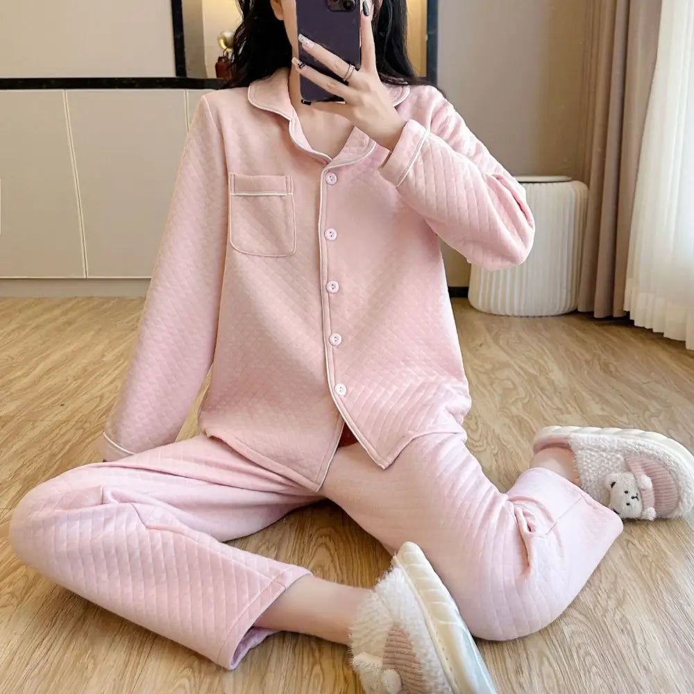 パジャマ 女性用 秋冬 厚手 コットン エアコットン インサート 保温 カップル シンプル カラー ルームウェア セットアップ 長袖 ID2814 女性 ピンク / M