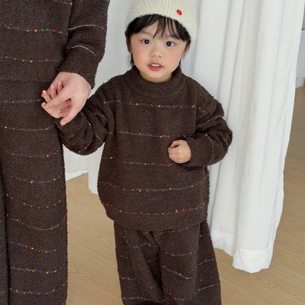 親子 ソフト フワフワ フリース 保温 加厚 パジャマ ルームウェア 冬季 セット ID2918 ブラウン / 90cm