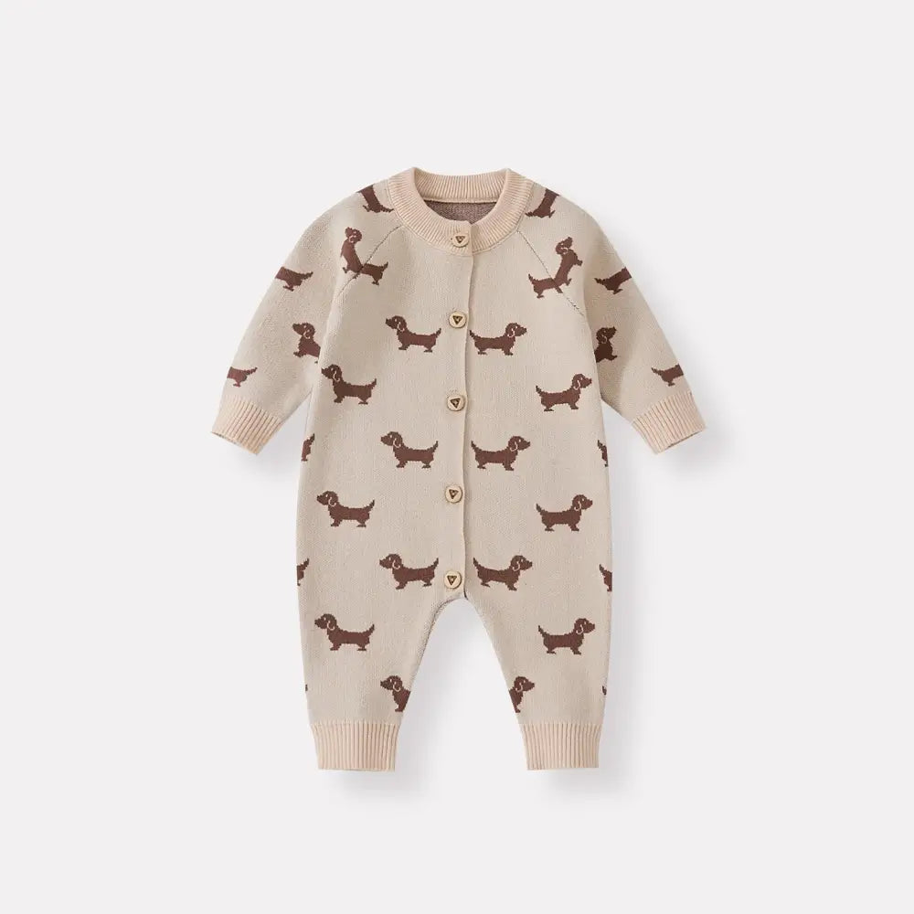 秋の新作 ベビー ニット 小犬 ロンパース ベビーニット オールインワン おしゃれ ロング つかまり立ち服 ID2946 ベージュ / 66cm