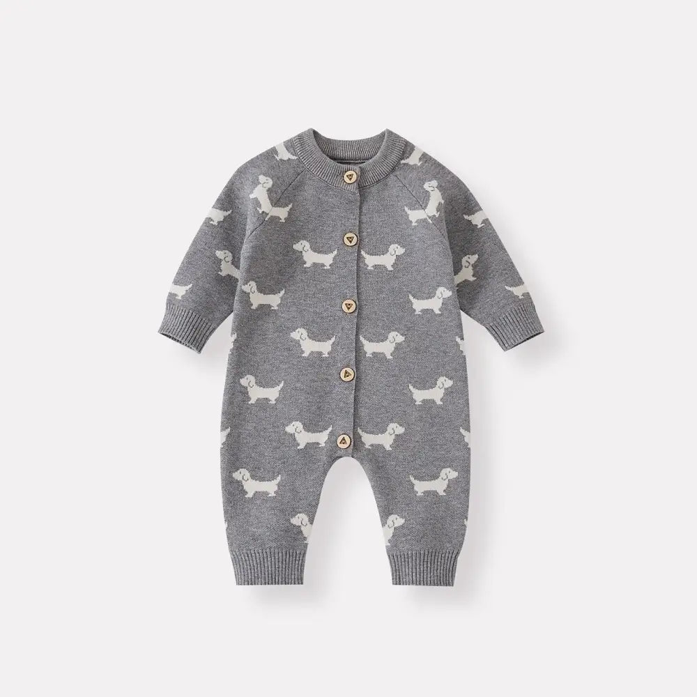 秋の新作 ベビー ニット 小犬 ロンパース ベビーニット オールインワン おしゃれ ロング つかまり立ち服 ID2946 グレー / 66cm
