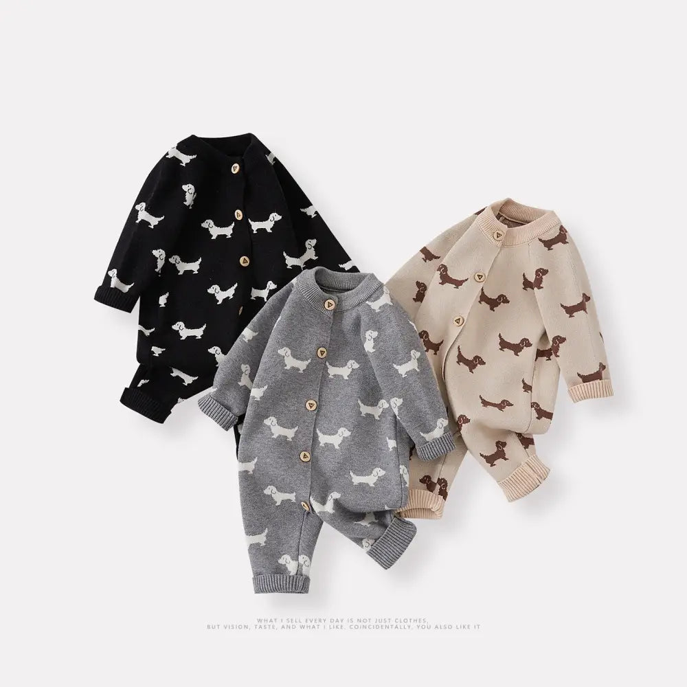 秋の新作 ベビー ニット 小犬 ロンパース ベビーニット オールインワン おしゃれ ロング つかまり立ち服 ID2946