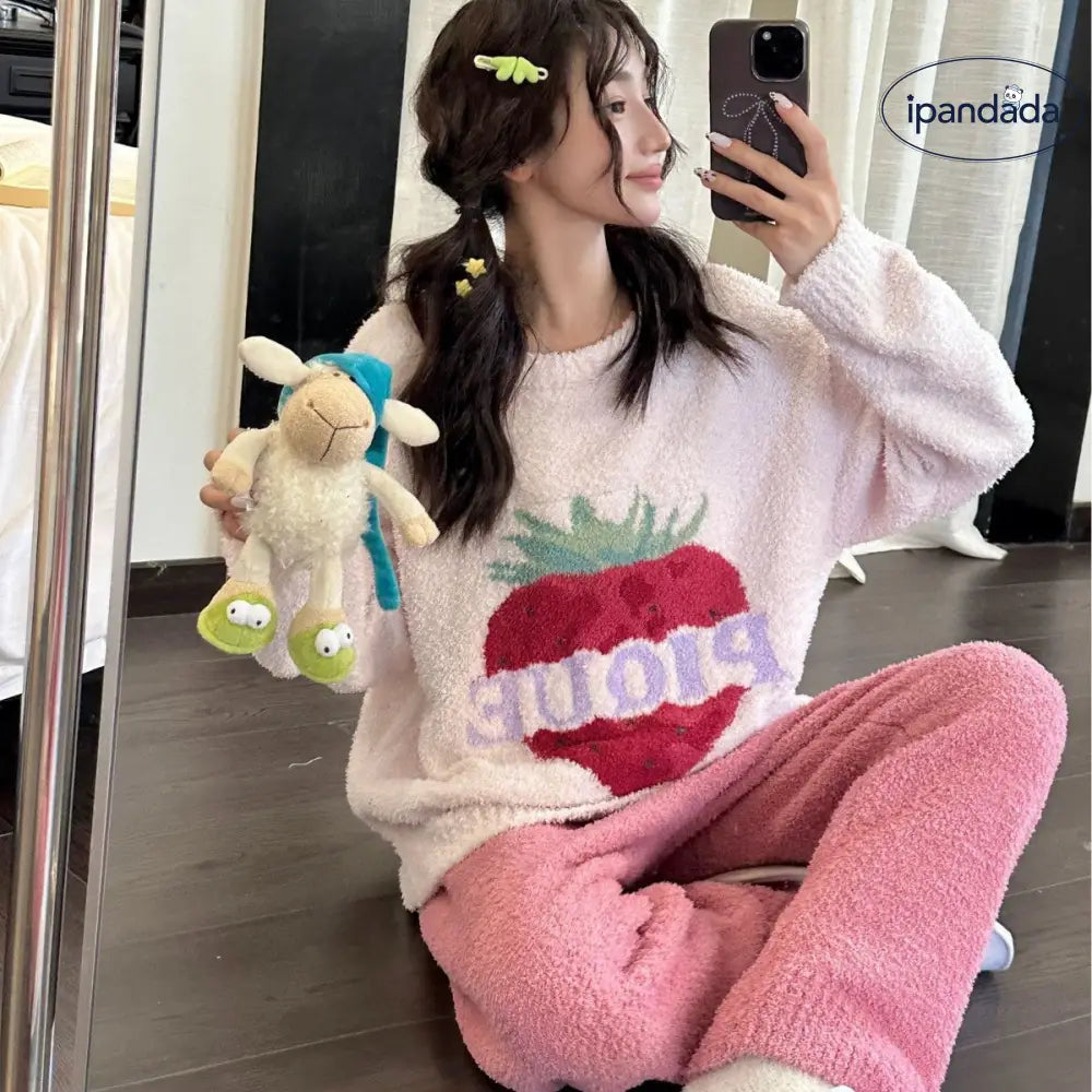 秋冬 高級 新作 ゆったり 可愛い いちご ふわふわ レディース ルームウェア パジャマ セット ID2886