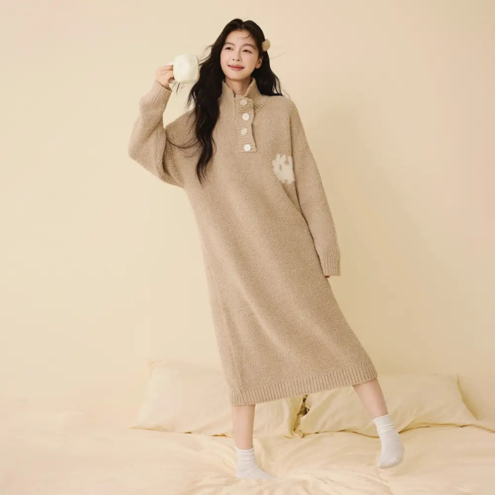 秋冬 ハイネック ボタン ゆったり 半フリース ナイトガウン 無地 気質 ロングドレス 翻领 厚手 パジャマ ID2941 ベージュ / M