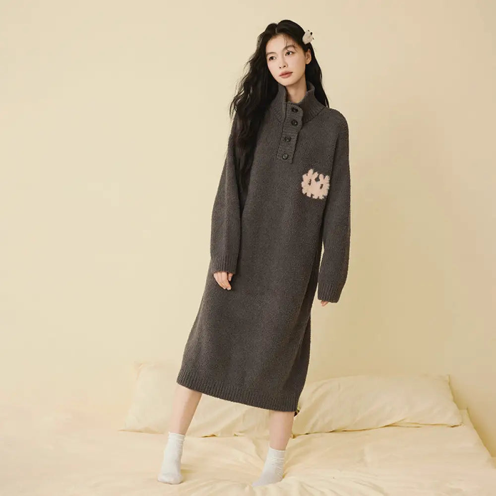 秋冬 ハイネック ボタン ゆったり 半フリース ナイトガウン 無地 気質 ロングドレス 翻领 厚手 パジャマ ID2941 ダークグレー / M