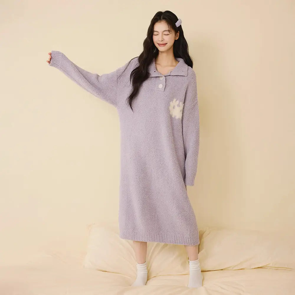 秋冬 ハイネック ボタン ゆったり 半フリース ナイトガウン 無地 気質 ロングドレス 翻领 厚手 パジャマ ID2941 パープル / M